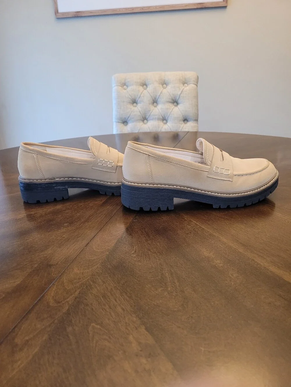 Beige Women's Penny Loafers - Classic Casual Slip-Ons with chunky platform